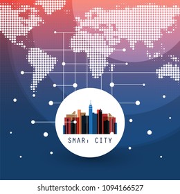 Smart City, Cloud Computing Design Concept - Digital Network Connections, Technology Background with Spotted World Map