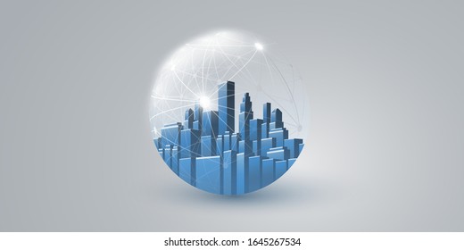 Smart City, Cloud Computing Design Concept with Transparent Globe - Digital Network Connections, Technology Background