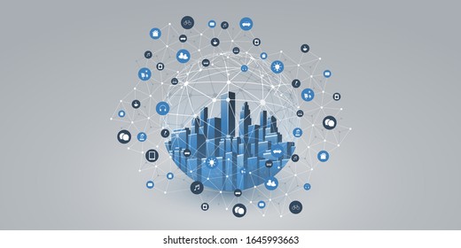 Smart City, Cloud Computing Design Concept with Wireframe Sphere and Icons - Digital Network Connections, Technology Background