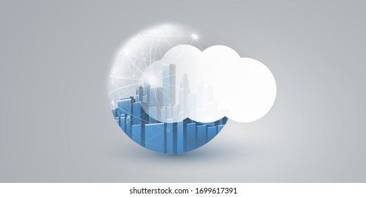 Smart City, Cloud Computing Design Concept with Transparent Globe and Cityscape - Digital Network Connections, Technology Background
