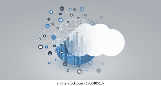 Smart City, Cloud Computing Design Concept with Transparent Globe and Icons - Digital Network Connections, Technology Background

