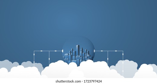 Smart City, Cloud Computing Design Concept with Transparent Globe, Cityscape and Clouds - Digital Network Connections, Technology Background - Monochrome, Retro Style

