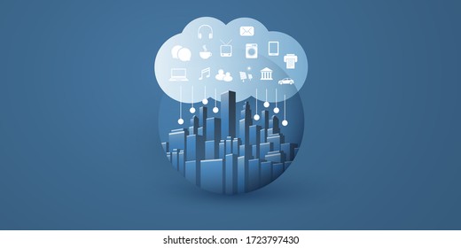 Smart City, Cloud Computing Design Concept with Icons, Transparent Globe, Cityscape and Cloud - Digital Network Connections, Technology Background - Monochrome, Retro Style
