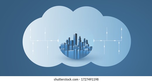 Smart City, Cloud Computing Design Concept with Transparent Globe, Cityscape and Clouds - Digital Network Connections, Technology Background - Monochrome, Retro Style