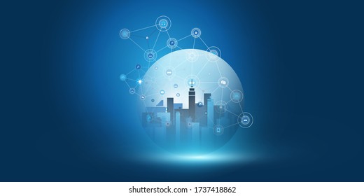 Smart City, Cloud Computing Design Concept with Transparent Globe and Wireframe - Digital Network Connections, Technology Background
