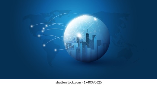Smart City, Cloud Computing Design Concept with Wireframe Sphere - Global Digital Network Connections, Technology Background
