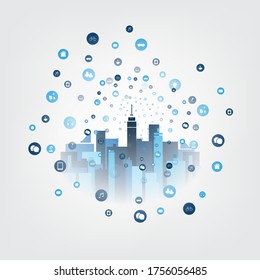 Smart City, Cloud Computing Design Concept with Transparent Globe and Icons - Digital Network Connections, Technology Background
