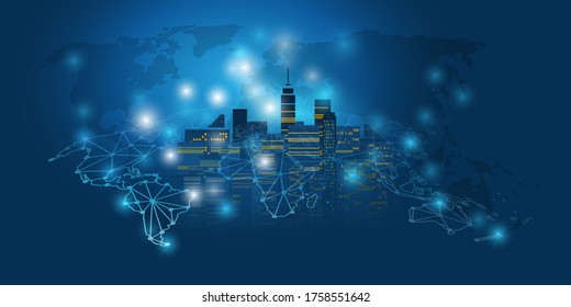 Smart City, Cloud Computing Design Concept with Wireframe and World Map - Digital Network Connections, Technology Background