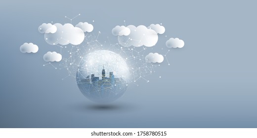 Smart City, Cloud Computing Design Concept with Transparent Globe and Cityscape - Digital Network Connections, Technology Background