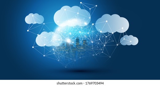 Smart City, Cloud Computing Design Concept With Transparent Globe And Cityscape - Digital Network Connections, Technology Background