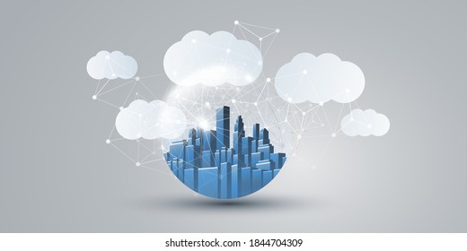 Smart City, Cloud Computing Design Concept with Transparent Globe and Cityscape - Urban Network Connections, Technology Background