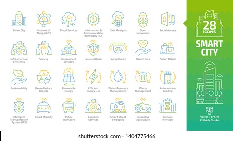 Smart City Color Outline Icon Set With Infrastructure Efficiency Technology, Future Digital Urban, Open Innovation, Social Access, Society, Government Services Editable Stroke Line Sign.