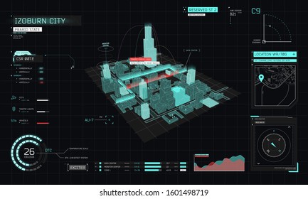 Smart city, command UI interface, vector with graphs, 3D buildings