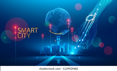 Smart City communication with global network and urban infrastructure. Wireless connection technology in lifestyle social medium. Communication Network transmit Information through internet of Things.