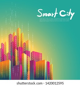 Smart City, comunicación, red, conexión. Diseño colorido futurista. EPS10, Vector, Ilustración.