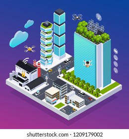 Smart City Composition With Eco Technology Symbols Isometric Vector Illustration