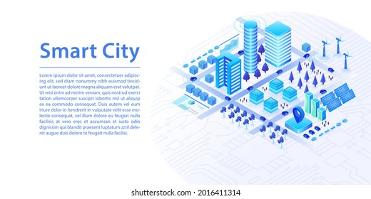 Smart City Concept As 3d Isometric Vector Illustration. Connected Devices And Buildings Powered By Renewable Energy As Wide Web Banner Layout.