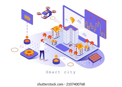 Smart city concept in 3d isometric design. Futuristic cityscape with modern infrastructure, wi-fi technology and alternative energy, web template with people scene. Vector illustration for webpage