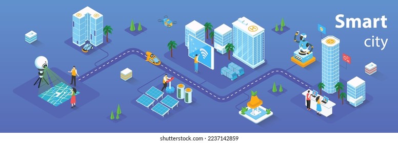 Smart city concept 3d isometric infographics web banner. People live in skyscrapers with smart automation system and futuristic infrastructure. Vector illustration in isometry graphic design