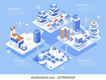 Smart city concept 3d isometric web people scene with infographic. Urban infrastructure with industrial, electricity, business and residential areas. Vector illustration in isometry graphic design svg