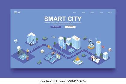 Smart city concept 3d isometric landing page template. People live in skyscrapers with smart automation system and futuristic infrastructure. Vector illustration in isometry graphic design.