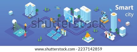 Smart city concept 3d isometric infographics web banner. People live in skyscrapers with smart automation system and futuristic infrastructure. Vector illustration in isometry graphic design