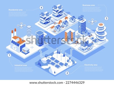 Smart city concept 3d isometric web people scene with infographic. Urban infrastructure with industrial, electricity, business and residential areas. Vector illustration in isometry graphic design