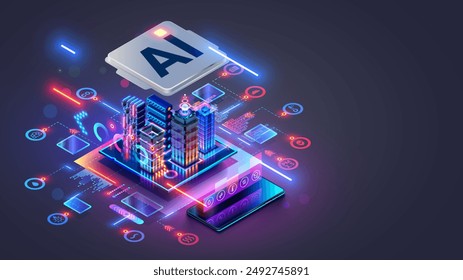 Smart city concept. AI controls Futuristic Smart city. Isometric Futuristic buildings inside chip with Ai or Artificial intelligence which effectively manages urban infrastructure. AI of Smart City.