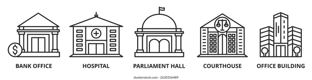 Smart city concept banner icon contain of bank office, hospital, parliament hall, courthouse and office building