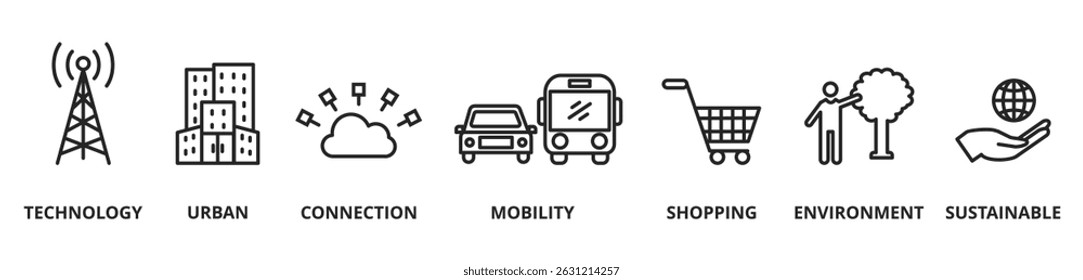 Smart city concept banner icon contain of bank office, hospital, parliament hall, courthouse and office building

