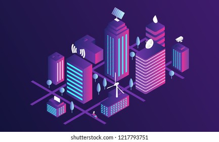 Smart city concept banner. Isometric illustration of smart city vector concept banner for web design