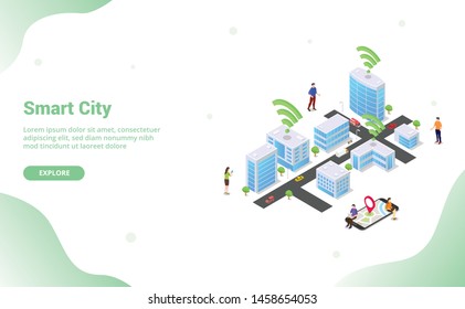 smart city concept with big buildings and team people vehicle connected using internet wifi technology for website template landing homepage with modern flat isometric style - vector