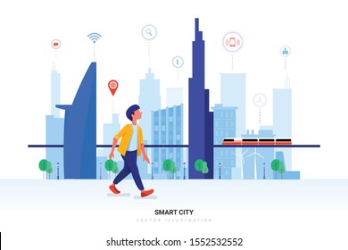 Concepto de Ciudad Inteligente con carácter. Se puede usar para banner web, infografías, imágenes de héroes. Ilustración vectorial plana aislada en fondo blanco.