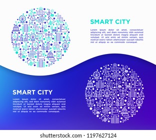 Smart city concept in circle with thin line icons: intelligent urbanism, efficient mobility, zero emission, electric transport, balanced traffic, CCTV. Vector illustration, print media template.