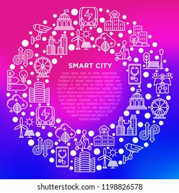 Smart City Concept In Circle With Thin Line Icons: Green Energy, Intelligent Urbanism, Efficient Mobility, Electric Transport, Balanced Traffic, CCTV. Vector Illustration, Print Media Template.