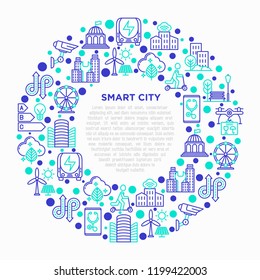 Smart City Concept In Circle With Thin Line Icons: Green Energy, Intelligent Urbanism, Efficient Mobility, Zero Emission, Electric Transport, CCTV. Vector Illustration, Print Media Template.