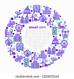 Smart City Concept In Circle With Thin Line Icons: Intelligent Urbanism, Efficient Mobility, Zero Emission, Electric Transport, Balanced Traffic, CCTV. Vector Illustration, Print Media Template.