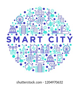 Smart city concept in circle with thin line icons: intelligent urbanism, efficient mobility, zero emission, electric transport, balanced traffic, CCTV. Vector illustration, print media template.