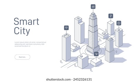 Concepto de ciudad inteligente con rascacielos y casas de estilo contorno, rematados con iconos tecnológicos que representan la vida urbana conectada. Ilustración isométrica de Vector en la página de Web.