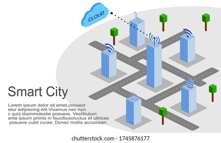 Concepto de ciudad inteligente con área de copia / Sistema de conexión de ciudad moderna e inalámbrica y computación en nube
