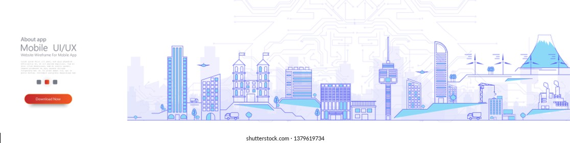 Smart city concept with different builds and elements. Skyscrapers skyline controlled and interconnected by modern digital technology.Thin line cityscape. Line modern urban big city panorama. Vector