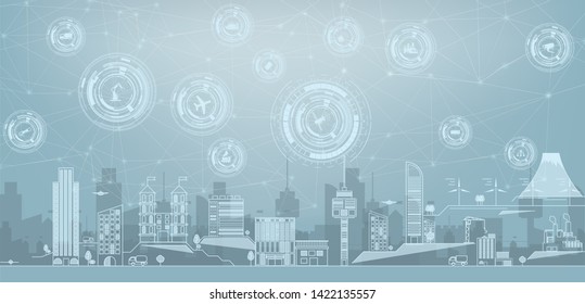 Smart city concept with different icon and elements.Thin line cityscape with skyscrapers. Line modern urban big city panorama with color building on background. Internet of things (IoT). Industry icon