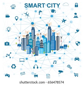 Concepto de ciudad inteligente con diferentes íconos y elementos. Diseño urbano moderno con tecnología para vivir. Ilustración de innovaciones e Internet de cosas.Internet de cosas/Ciudad inteligente