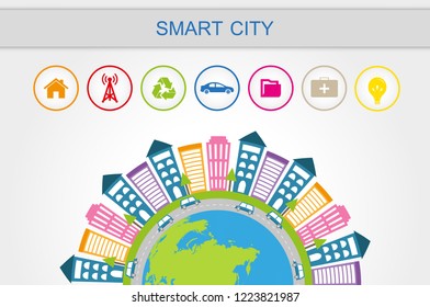 Smart city concept with different icons. Modern city design template.