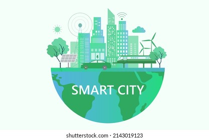 Smart City Concept, Eco City, Green And Clean Ecology Environmental Friendly Vector Illustration.