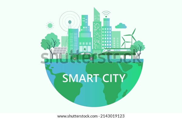 Smart city concept, eco\
city, green and clean ecology environmental friendly vector\
illustration.