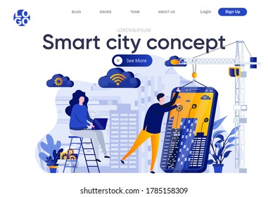 Smart City Konzept flach Landing Page. Entwicklerteam erstellt eine mobile App für intelligente Hausvektorgrafik. Internet der Dinge, drahtlose Vernetzung Website Zusammensetzung mit Menschen Charaktere.