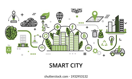 Concepto de Ciudad Inteligente, ilustración vectorial de diseño de línea plana, para diseño gráfico y web