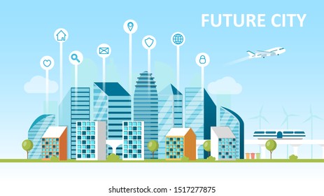 Smart city concept. City of the future. Landscape with skyscrapers modern technology. Hyperloop Sorting garbage. Green energy. Сaring for the environment. Urban view Flat Vector Cartoon Illustration
