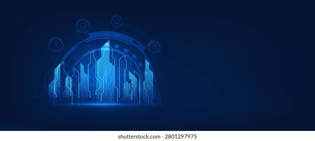 Smart city concept with glowing blue circuit buildings inside a digital HUD arch with technology icons including wifi, AI, education, and location on dark blue background.